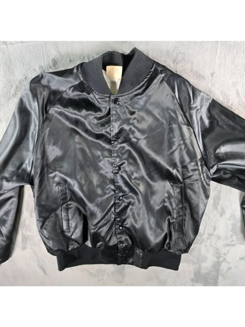 Vintage 1980s Rapco Cable Back Graphic Black Nylon Satin Bomber Jacket (L)